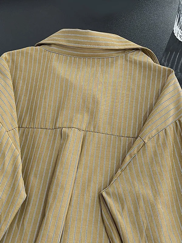 Long Sleeves Loose Asymmetric Split-Joint Striped Lapel Blouses