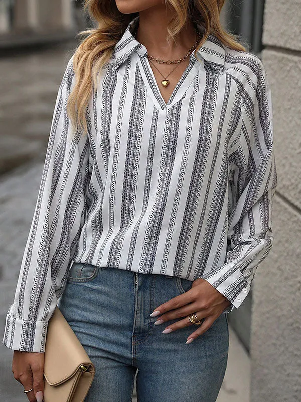 Long Sleeves Loose Buttoned Split-Joint Striped Lapel Blouses&Shirts Tops