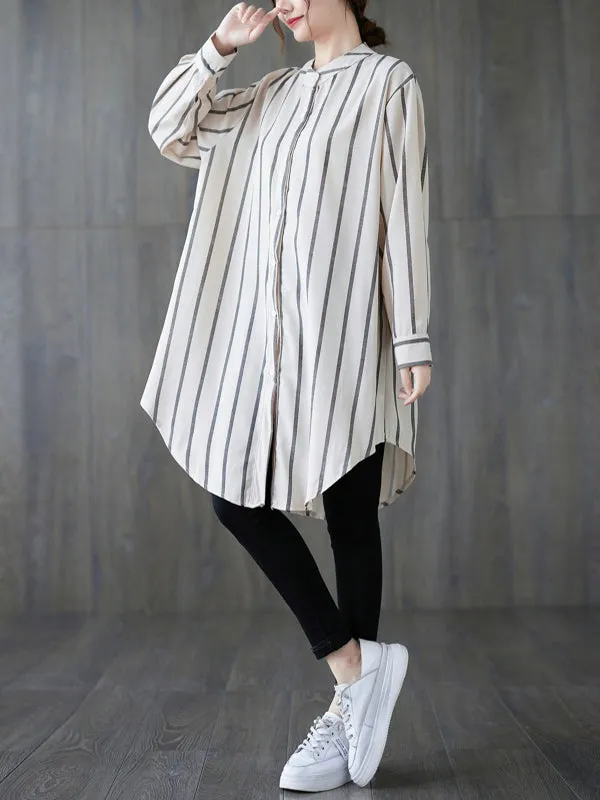 Long Sleeves Loose Buttoned Striped Blouses&Shirts Tops