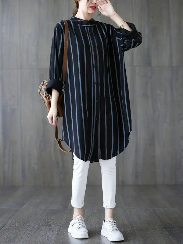 Long Sleeves Loose Buttoned Striped Blouses&Shirts Tops