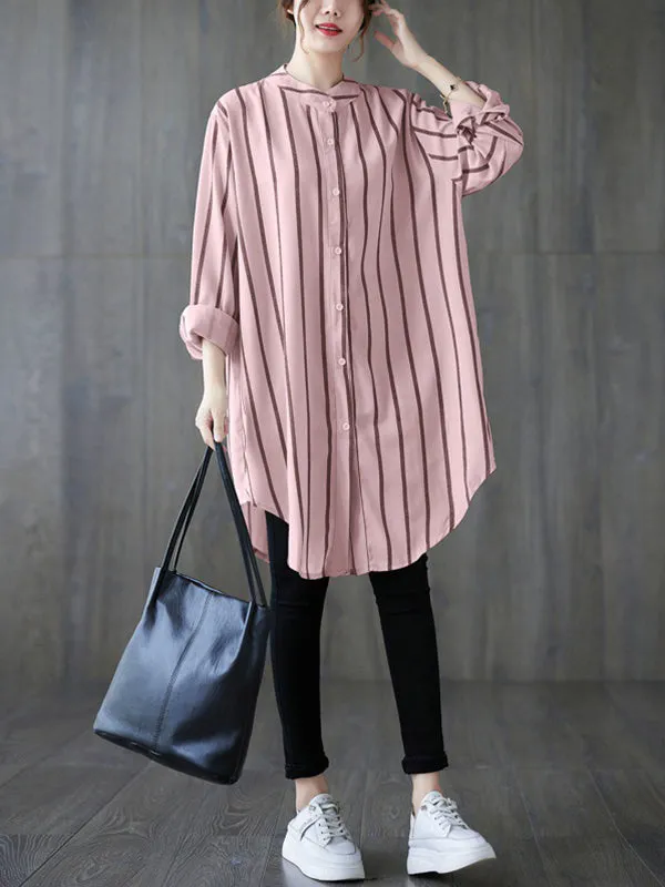 Long Sleeves Loose Buttoned Striped Blouses&Shirts Tops