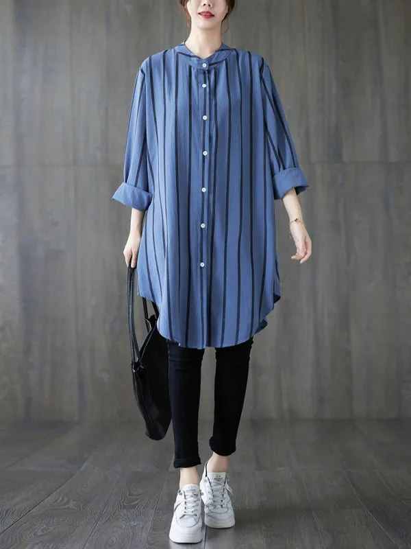 Long Sleeves Loose Buttoned Striped Blouses&Shirts Tops