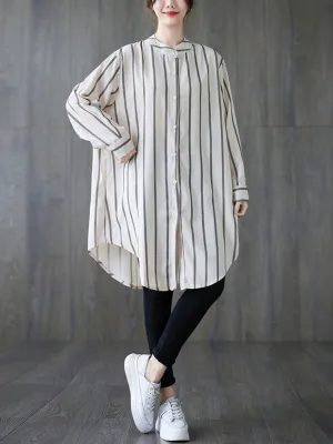 Long Sleeves Loose Buttoned Striped Blouses&Shirts Tops