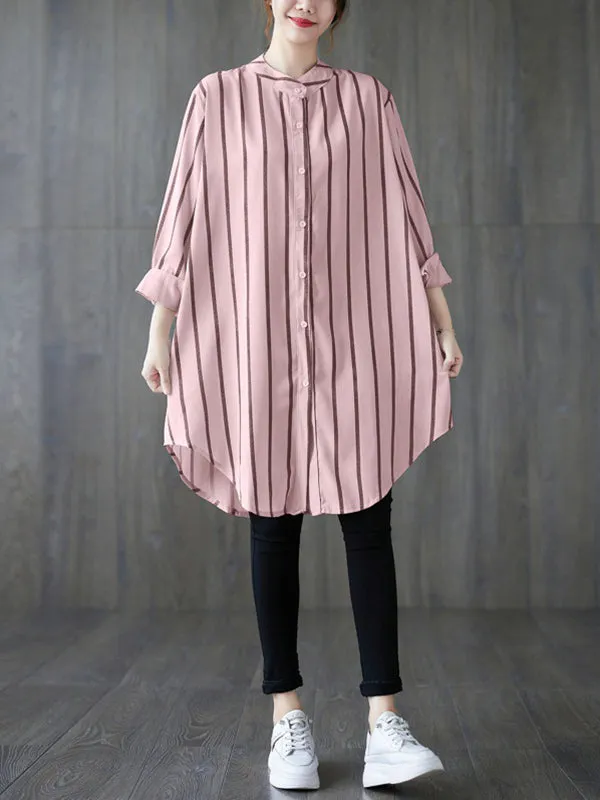 Long Sleeves Loose Buttoned Striped Blouses&Shirts Tops