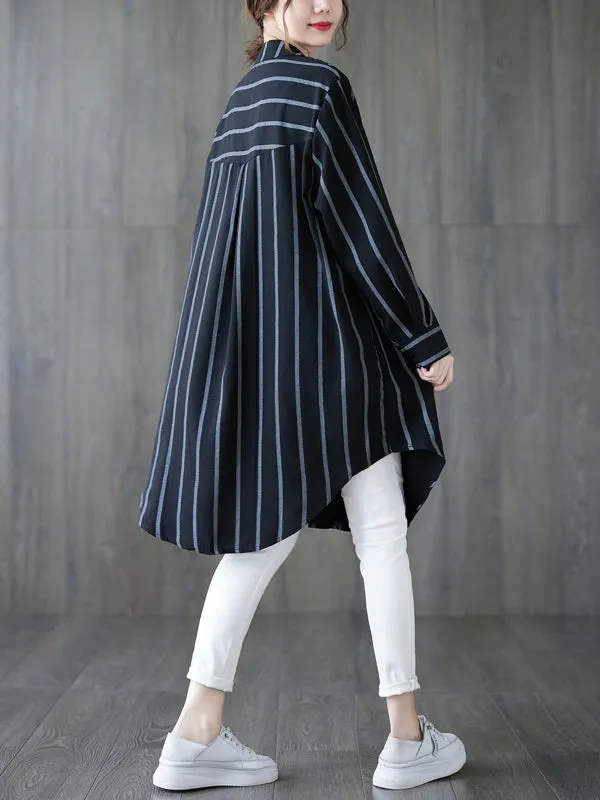 Long Sleeves Loose Buttoned Striped Blouses&Shirts Tops