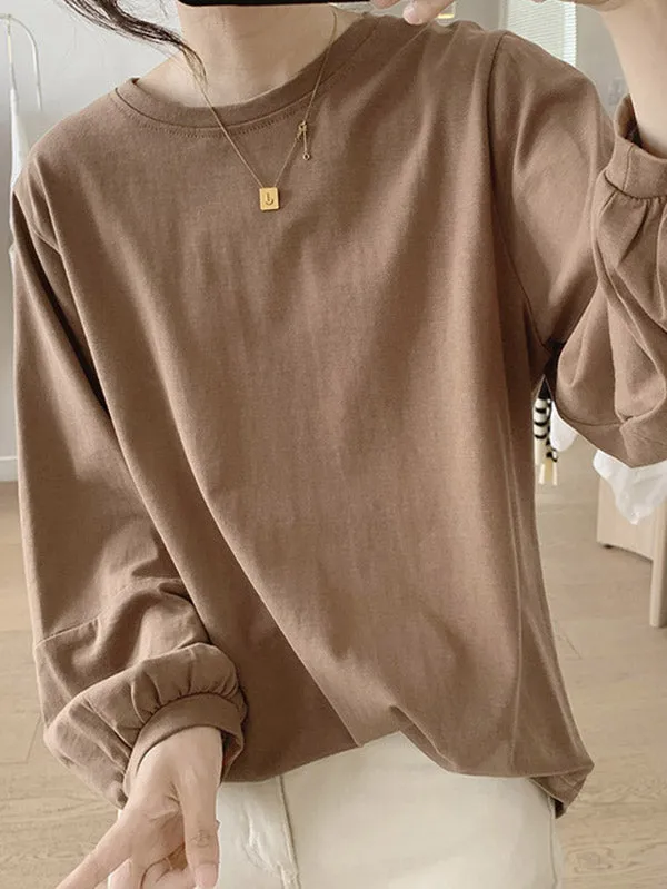 Long Sleeves Loose Pleated Solid Color Round-Neck T-Shirts Tops