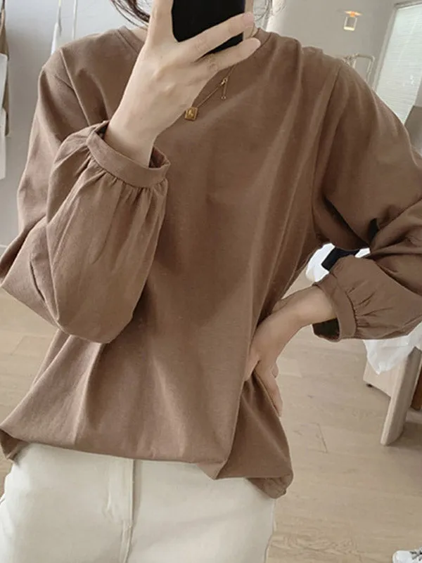 Long Sleeves Loose Pleated Solid Color Round-Neck T-Shirts Tops