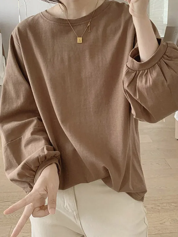 Long Sleeves Loose Pleated Solid Color Round-Neck T-Shirts Tops