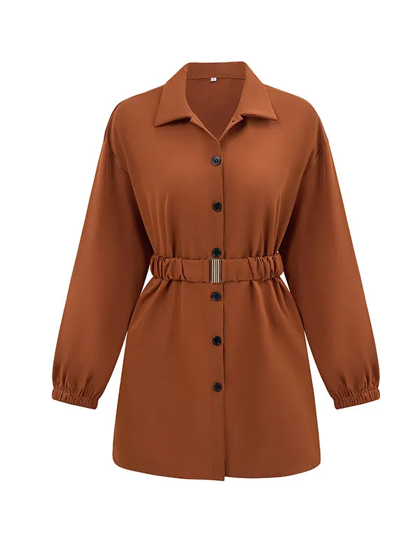 Loose Belted Solid Color Lapel Blouses&shirts Tops Shirts Tops