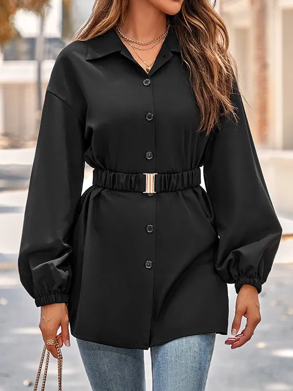 Loose Belted Solid Color Lapel Blouses&shirts Tops Shirts Tops