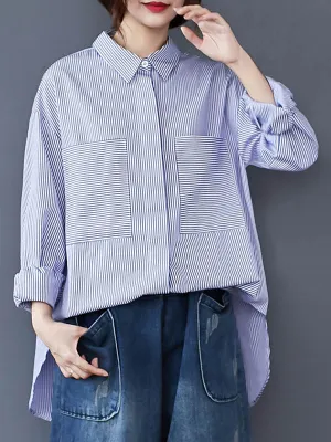 Loose Casual Striped Split-Joint With Pocket Lapel Collar Long Sleeves Blouse