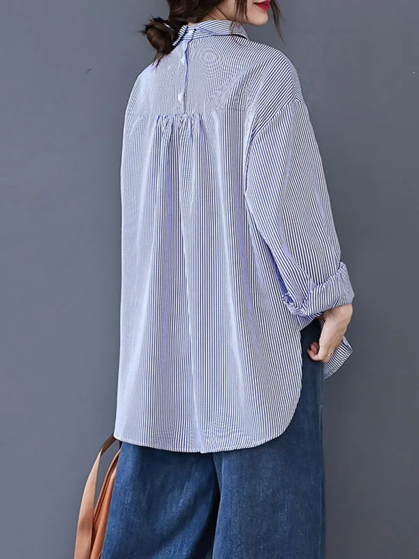 Loose Casual Striped Split-Joint With Pocket Lapel Collar Long Sleeves Blouse