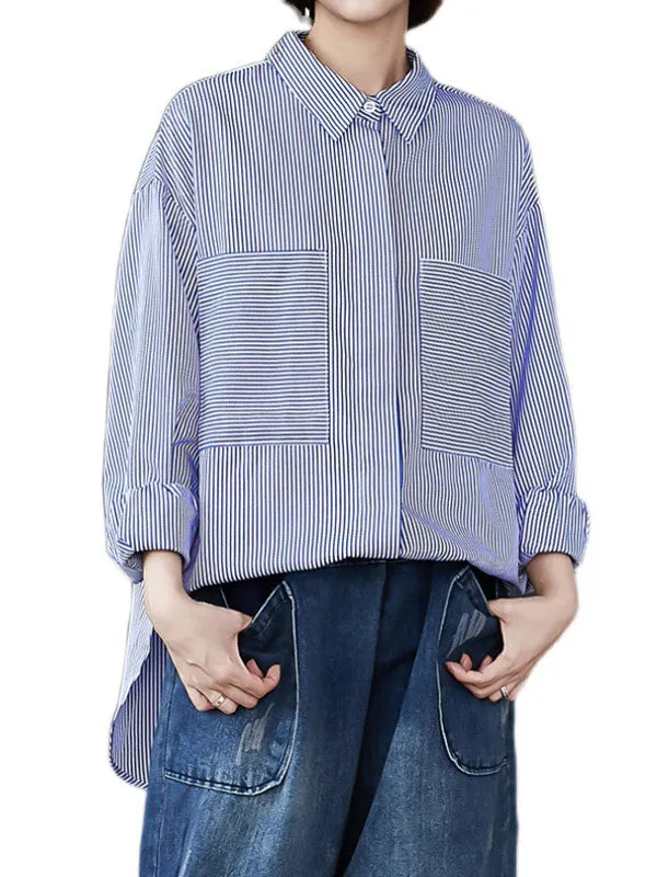 Loose Casual Striped Split-Joint With Pocket Lapel Collar Long Sleeves Blouse