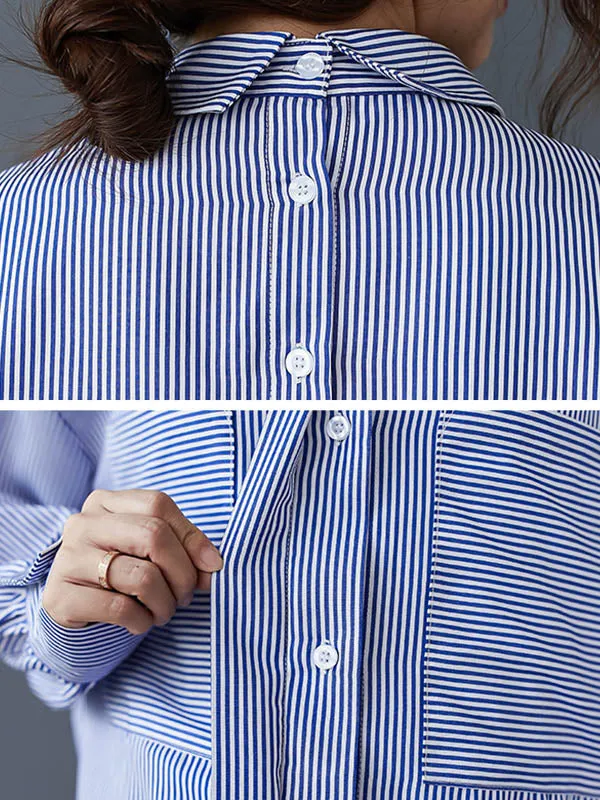 Loose Casual Striped Split-Joint With Pocket Lapel Collar Long Sleeves Blouse