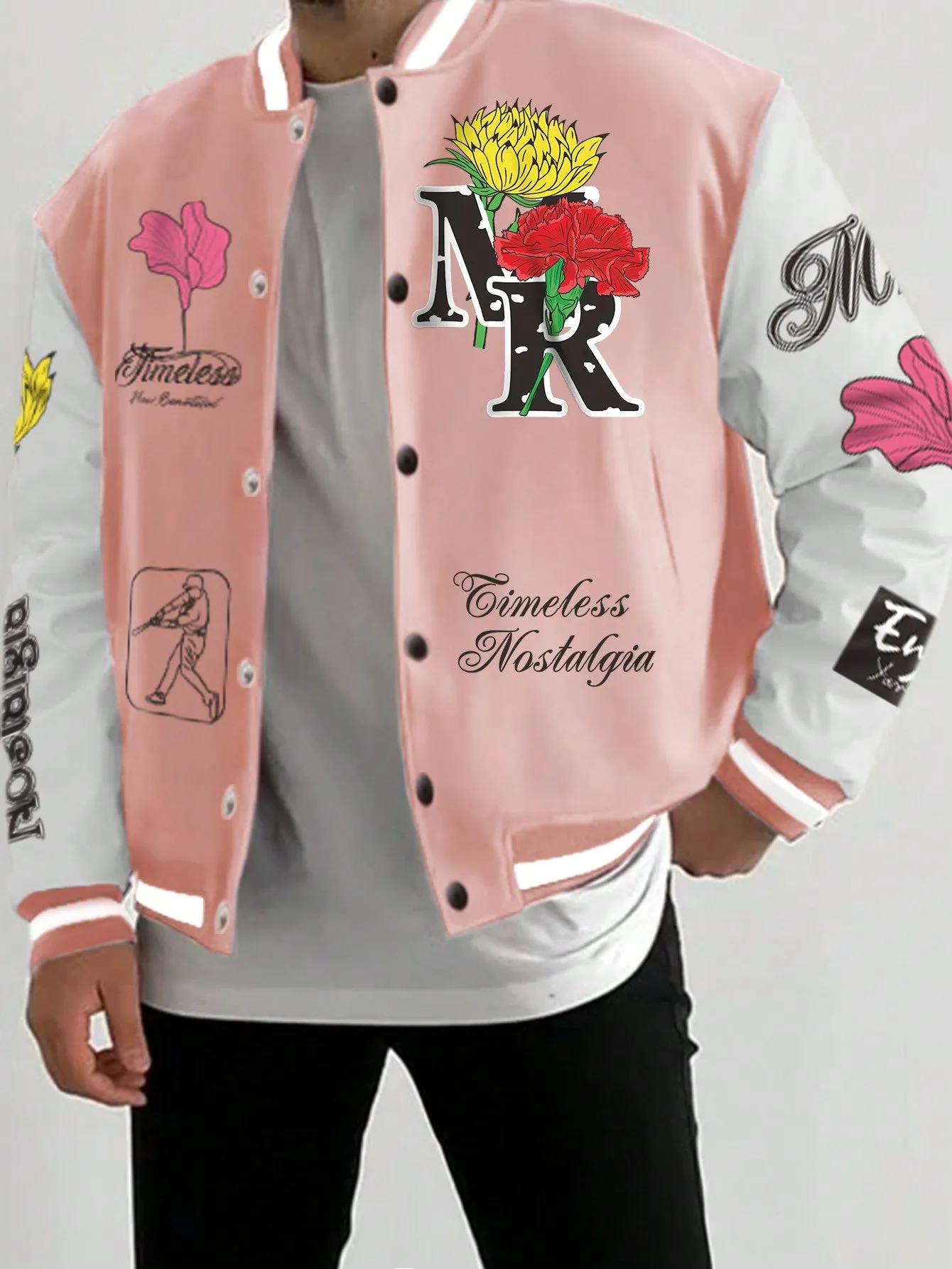 Manfinity EMRG Men 1pc Floral & Letter Graphic Bomber Jacket, Colorful, Funny, Long Sleeve, Going Out, Boyfriend Gift, Baseball Jacket