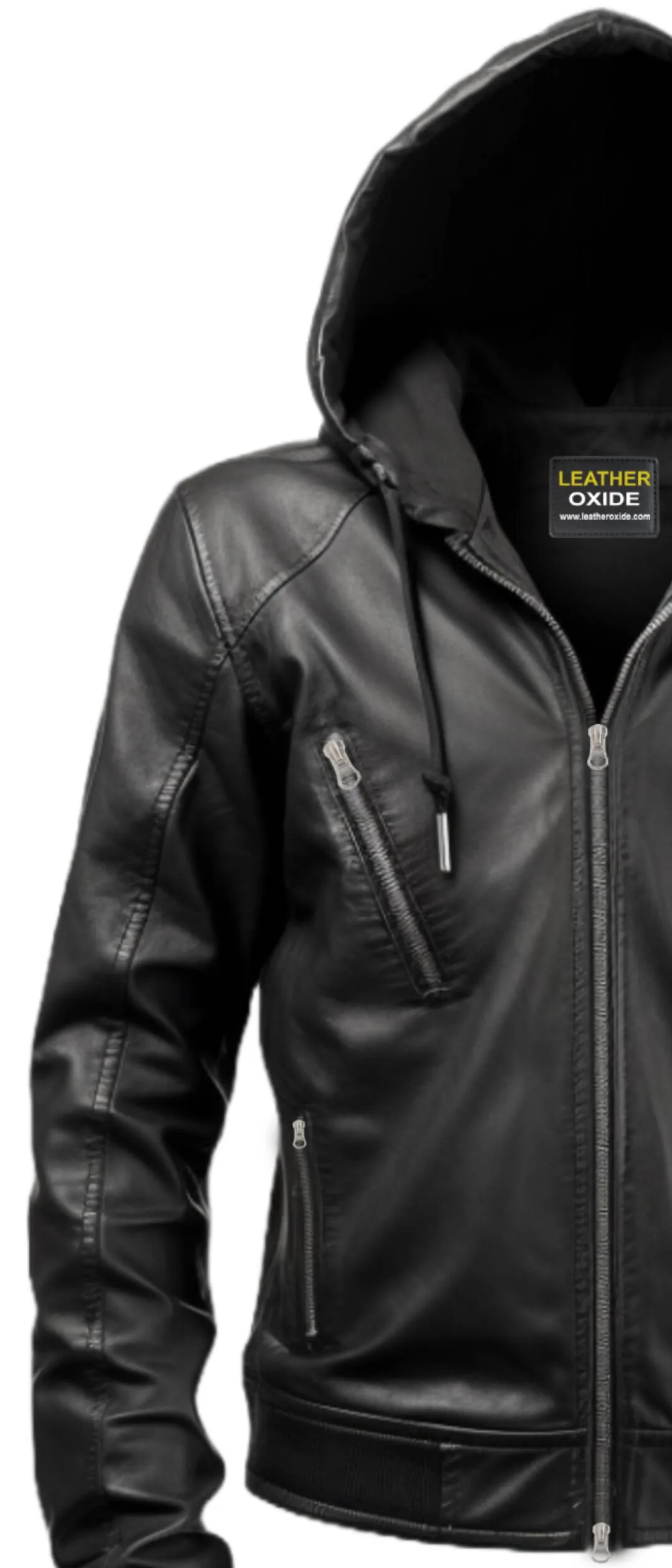 Men Black Hooded Leather Jacket - Hooded Black Jacket