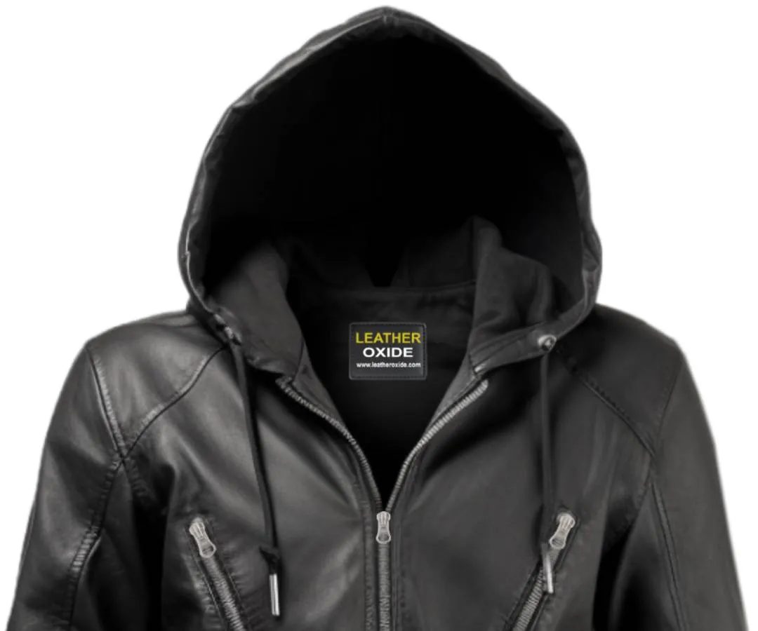 Men Black Hooded Leather Jacket - Hooded Black Jacket