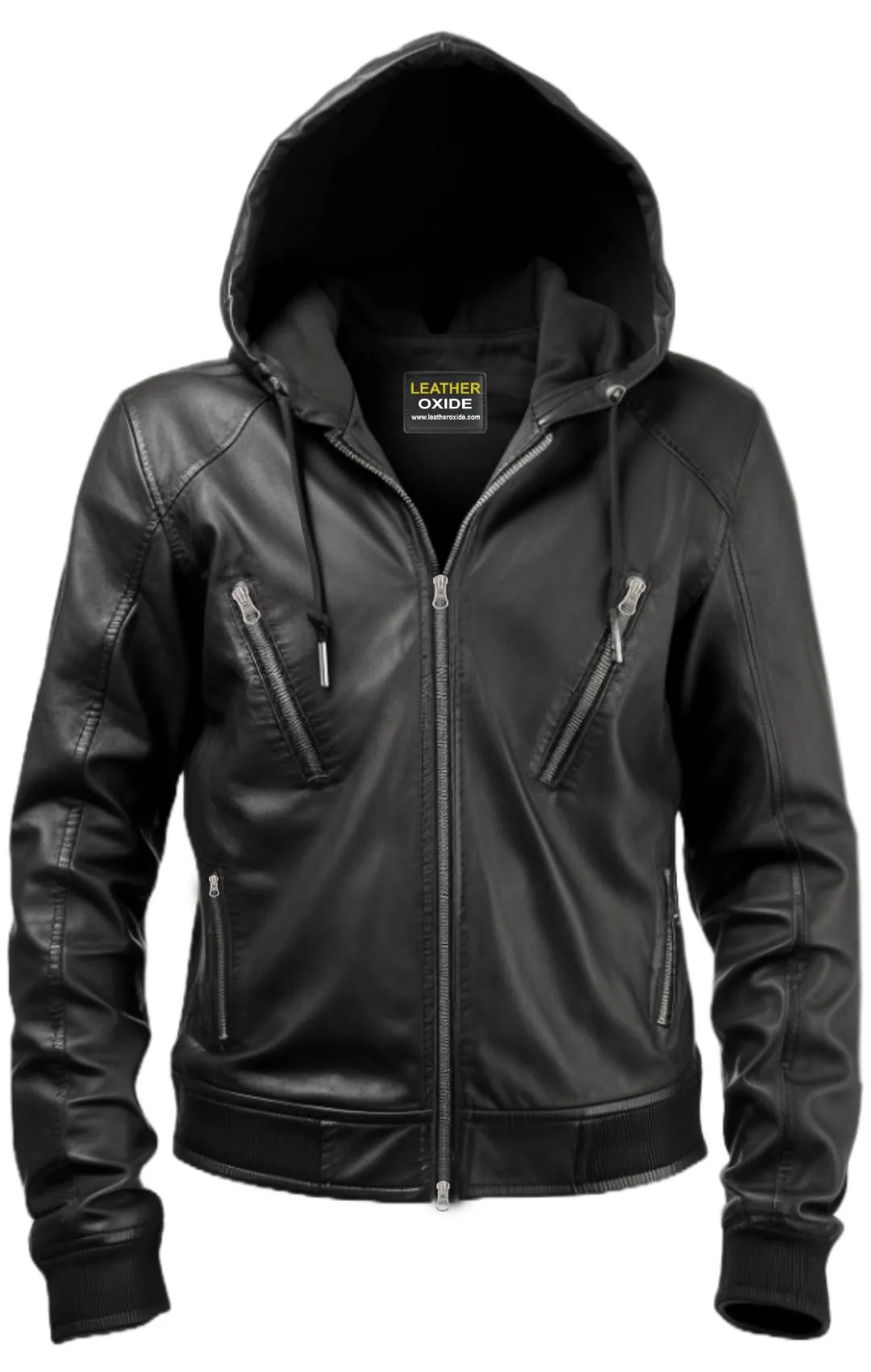 Men Black Hooded Leather Jacket - Hooded Black Jacket