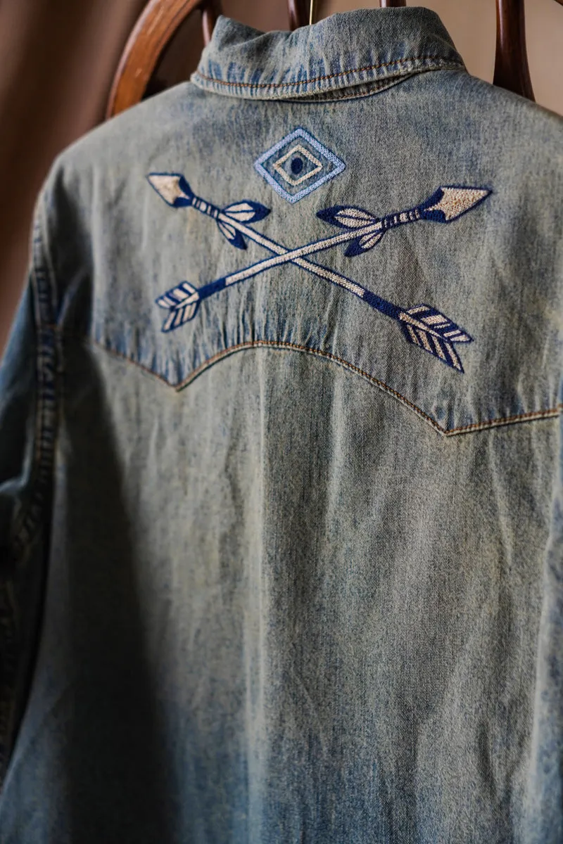 Men's Navajo Embroidery Western Denim Shirt