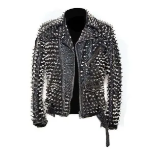 Men's Silver Studded Custom Patches Long Spike Brando Belted Rocker Black Jacket