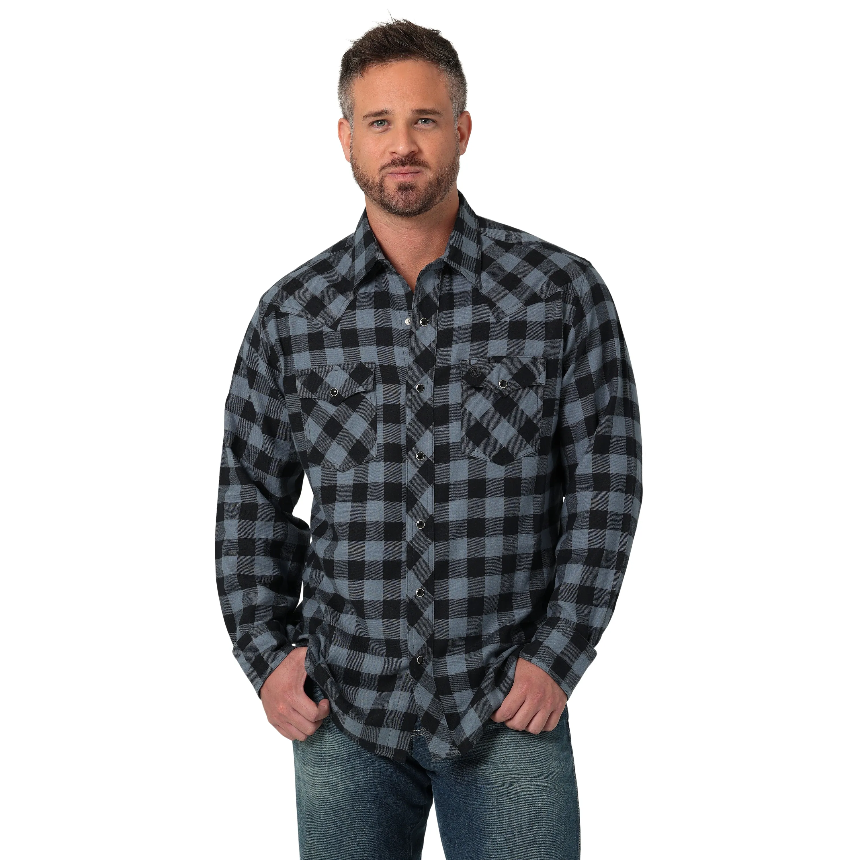 Men's Wrangler Retro Black/Grey Plaid Flannel Snap Western Shirt