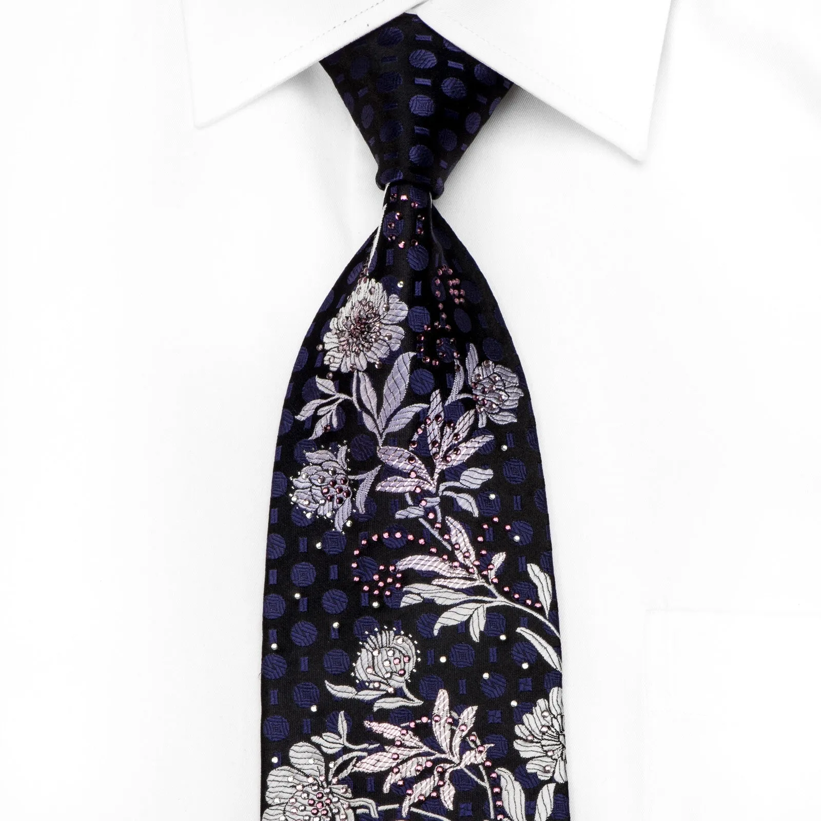 Perry Ellis Men's Crystal Silk Necktie Floral On Navy With Silver Sparkles