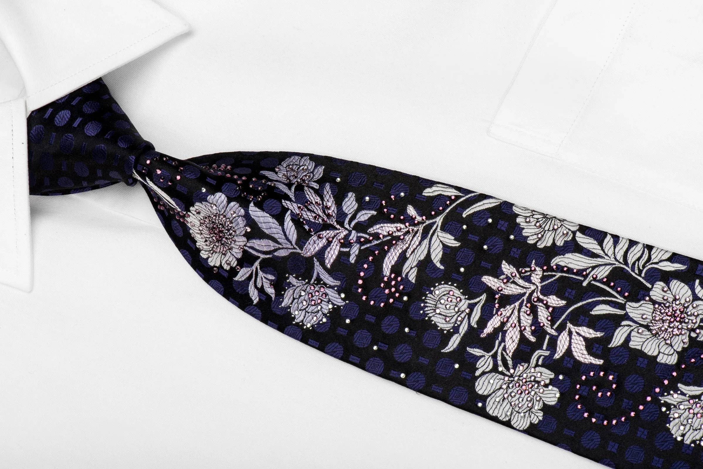 Perry Ellis Men's Crystal Silk Necktie Floral On Navy With Silver Sparkles