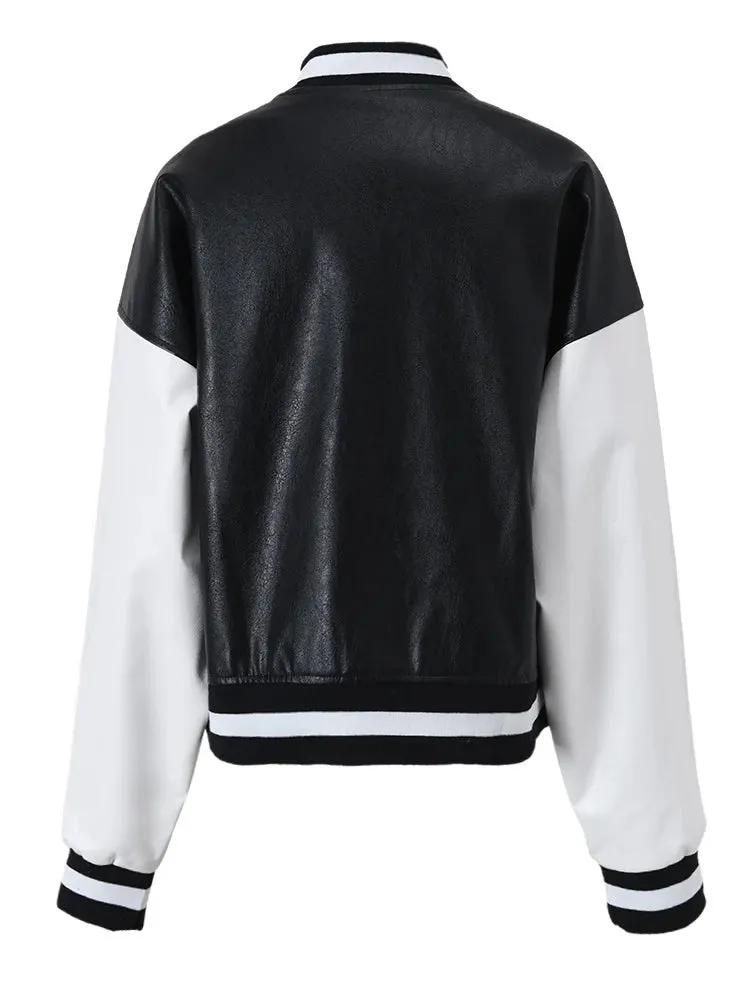 Pre Order:  Casual Colorblock Vegan Leather Varsity Jacket