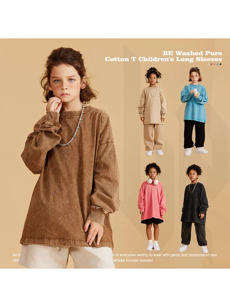 Retro Washed Solid Color Kids Long-Sleeved T-Shirts