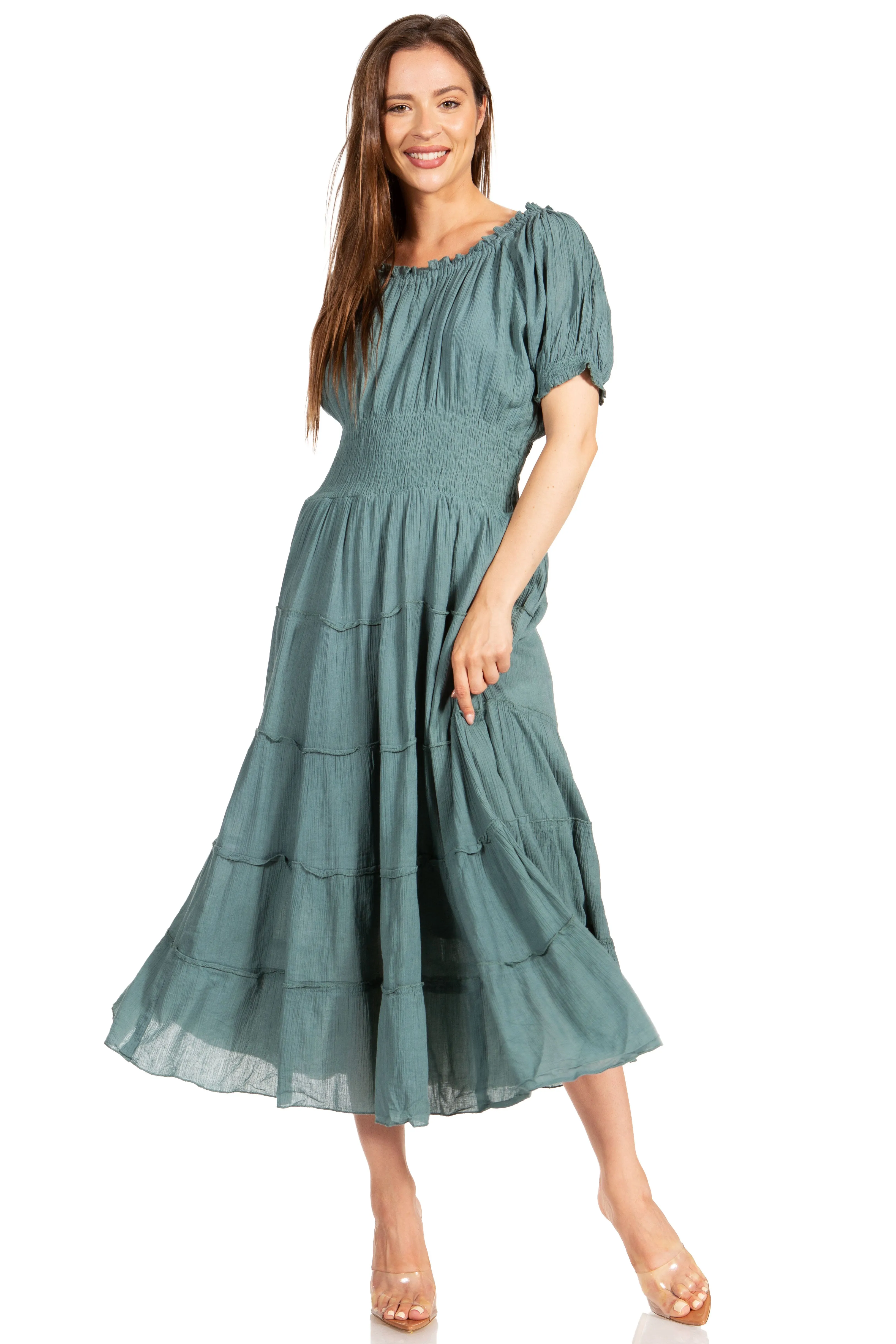 Sakkas Cotton Crepe Smocked Peasant Gypsy Boho Renaissance Mid Length Dress