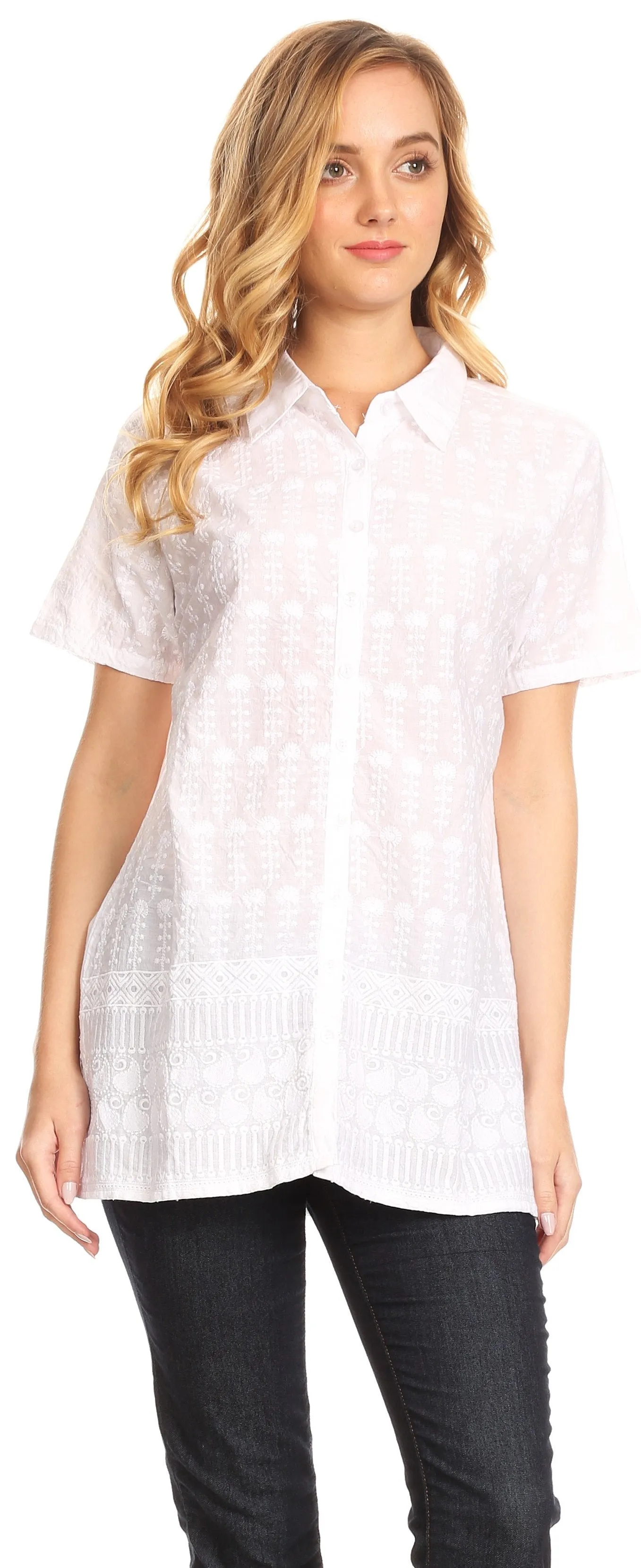 Sakkas Lavina Short Sleeve Floral Embroidered Woven Shirt