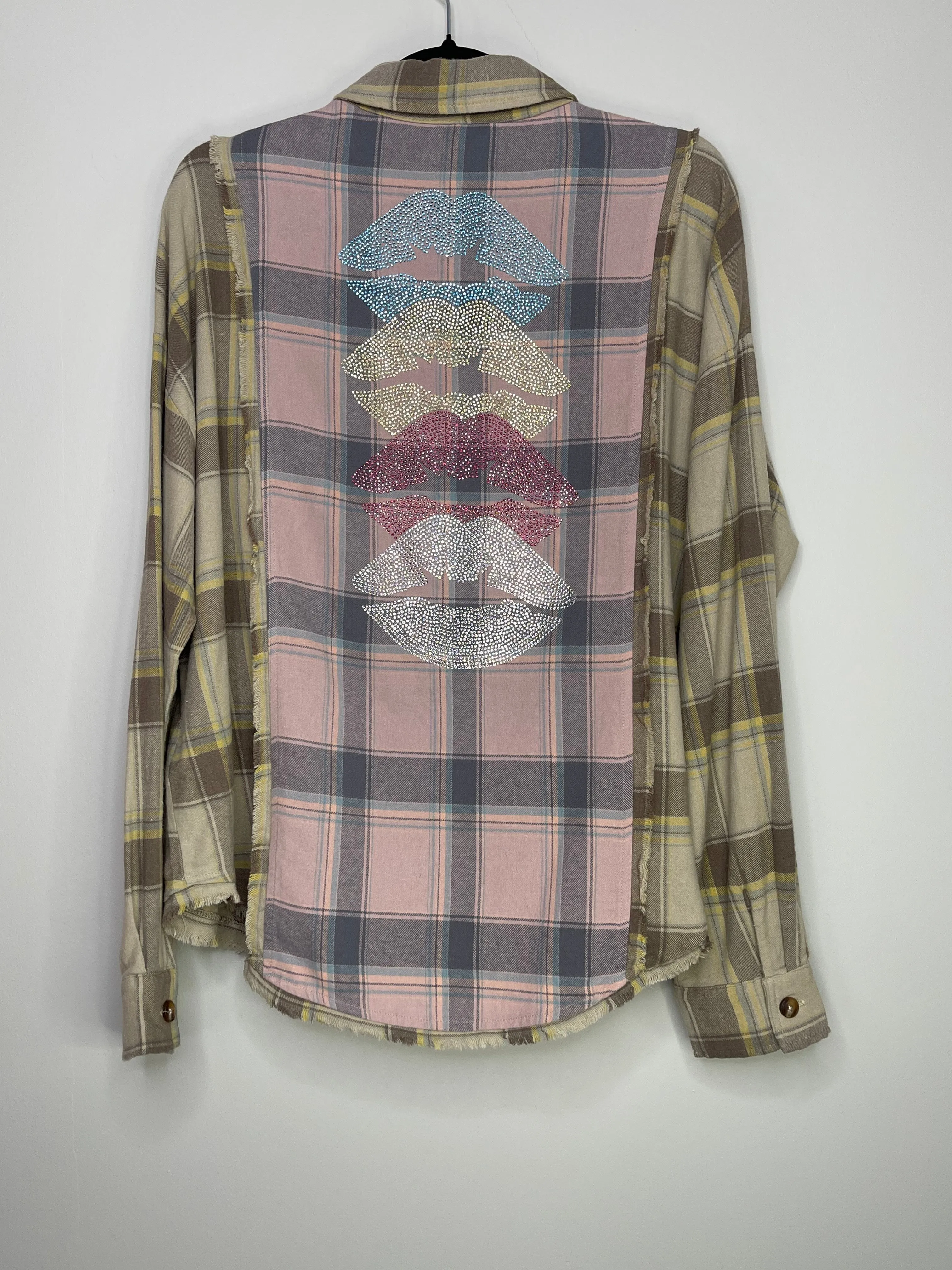 Shirt, Flannel Pink Plaid, Lips Line Up