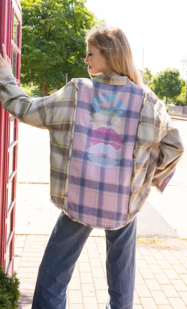 Shirt, Flannel Pink Plaid, Lips Line Up