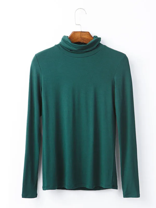 Simple Long Sleeves Skinny Solid Color High-Neck T-Shirts