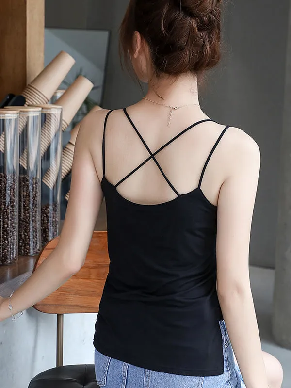 Simple Solid Color High-Low Backless Spaghetti-Neck Shirts