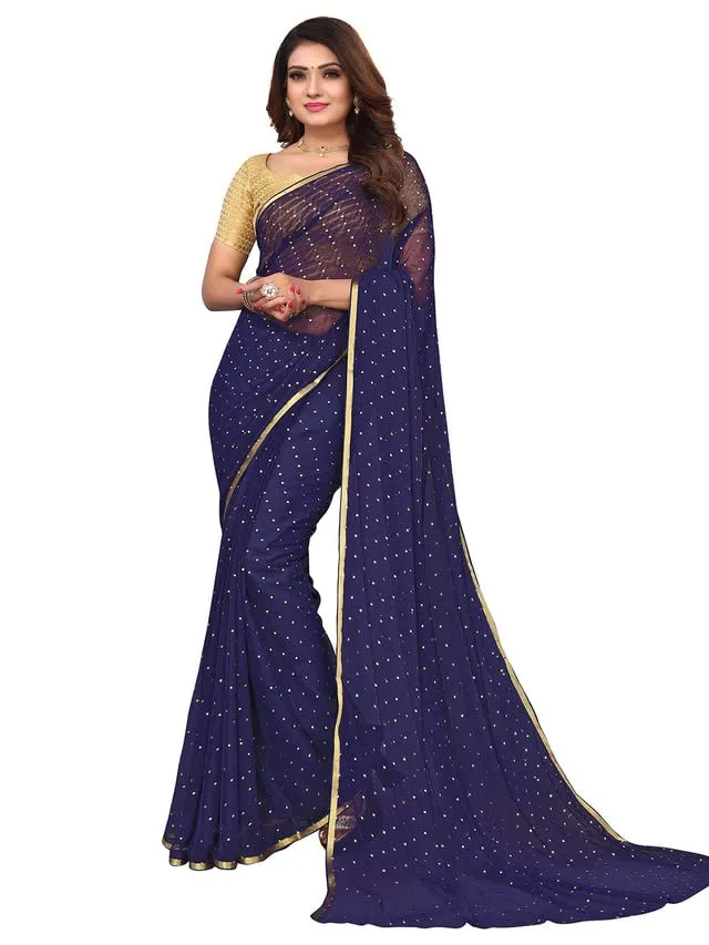 SIRIL Women's Jari Border & Mukaish Work Chiffon Saree with Unstitched Blouse Piece(2811S291A_Navy Blue1)