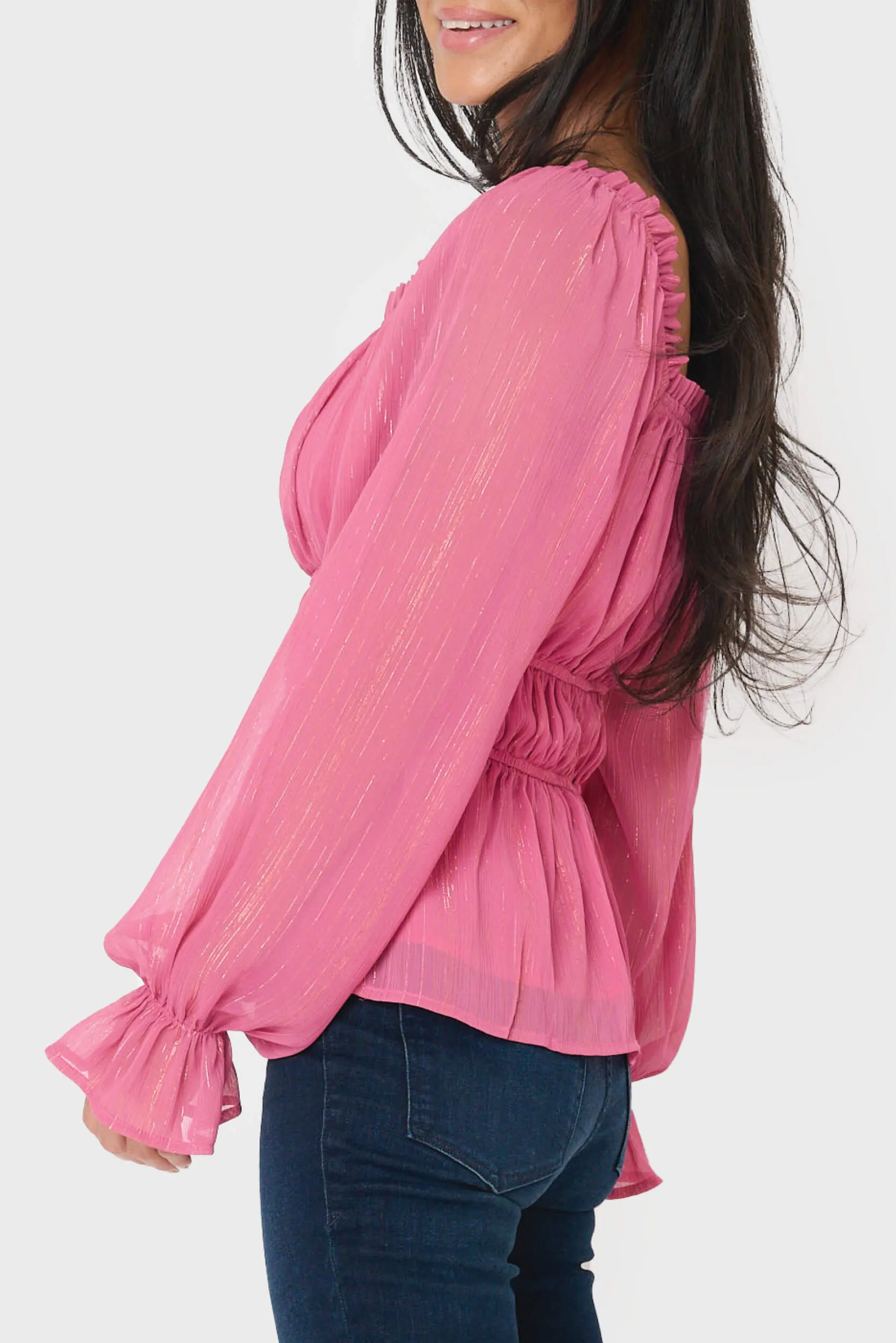 Square Neck Smocked Waist Long Sleeve Blouse