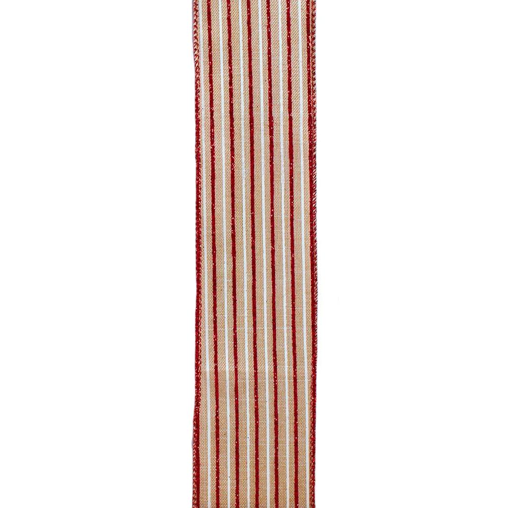 Tan With Red Glitter &amp; White Striped Double Wire Ribbon