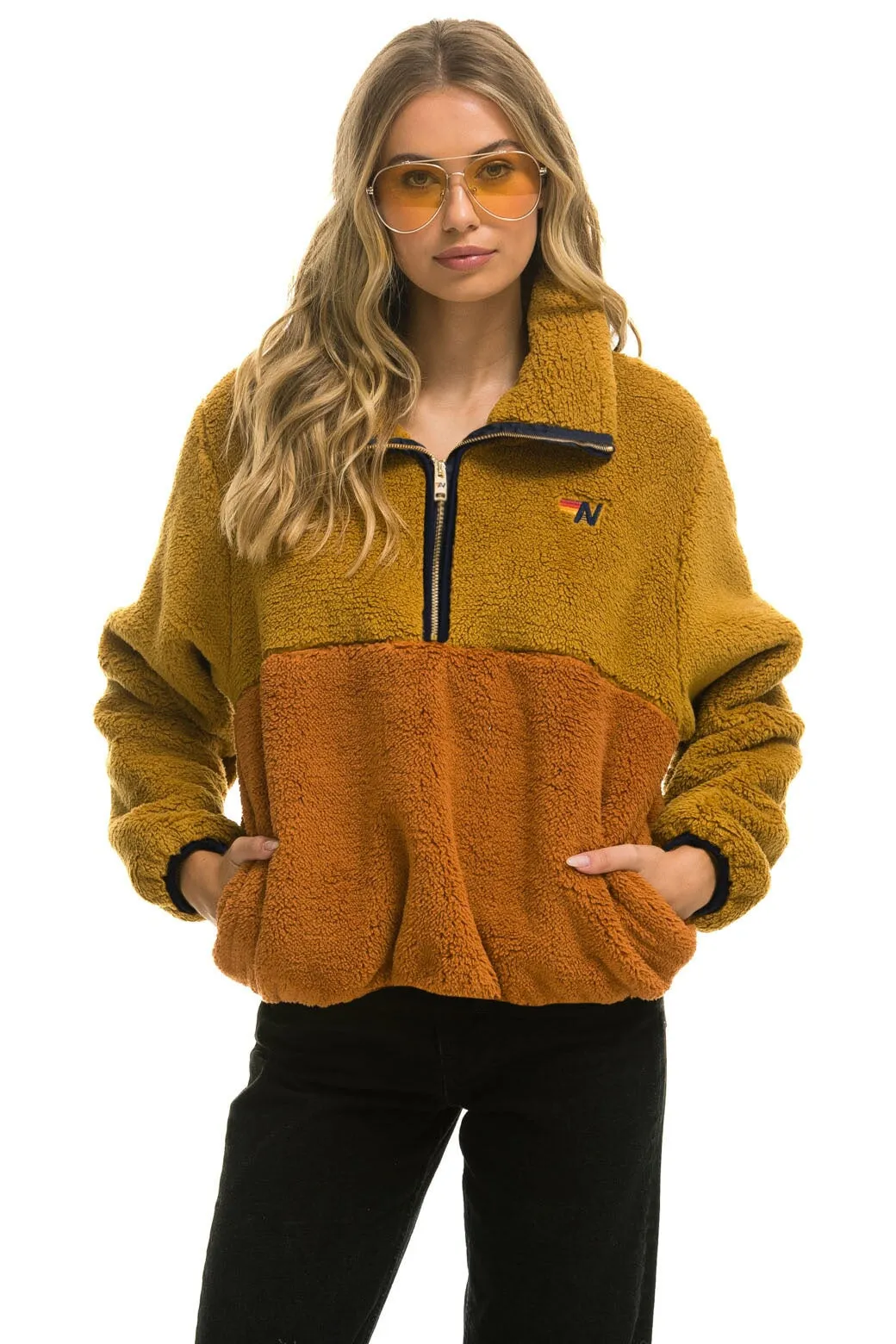 TEDDY APRES HALF ZIP COLOR BLOCK JACKET - HONEY