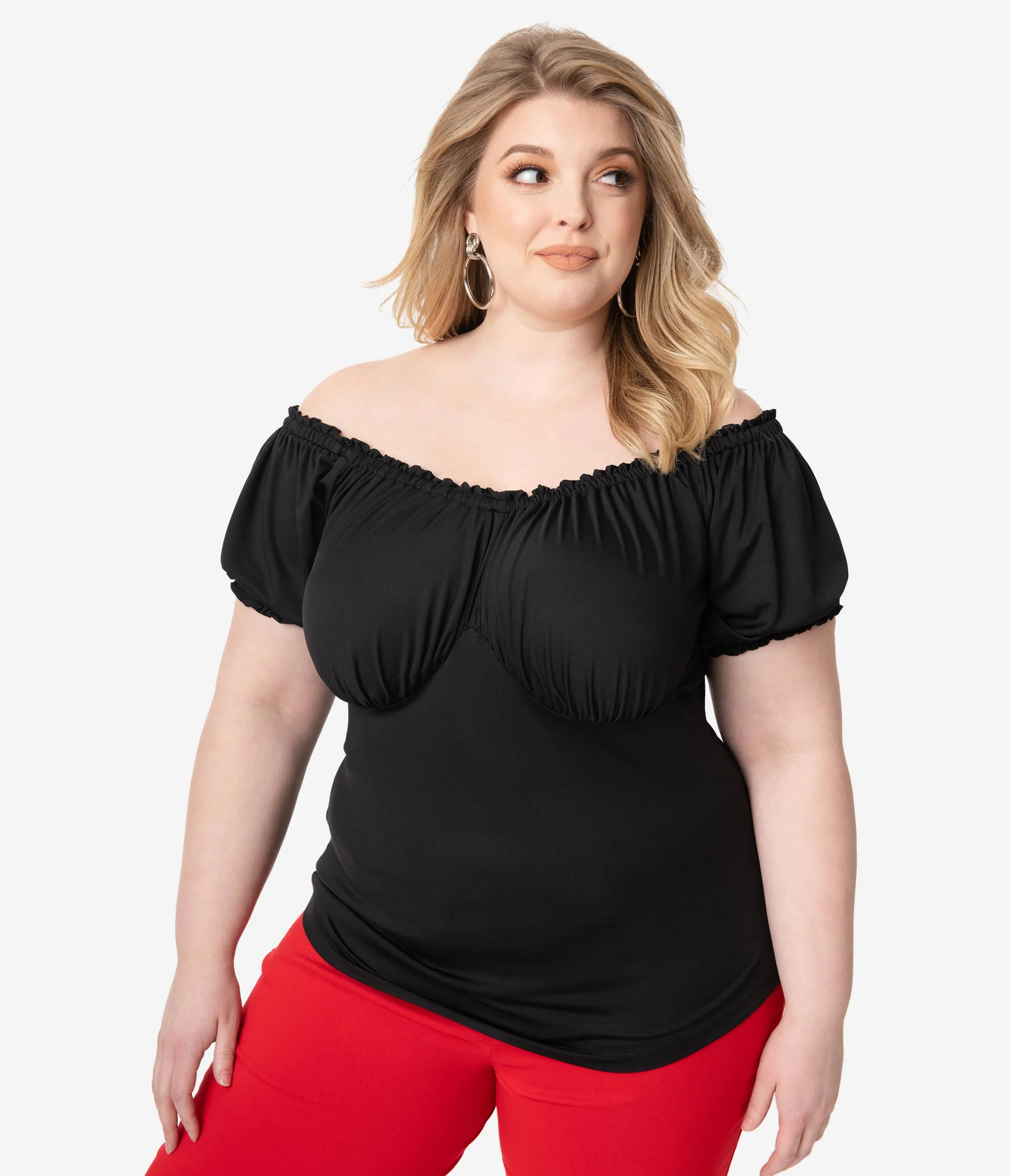 Unique Vintage Plus Size Retro Black Bernadette Fitted Peasant Top