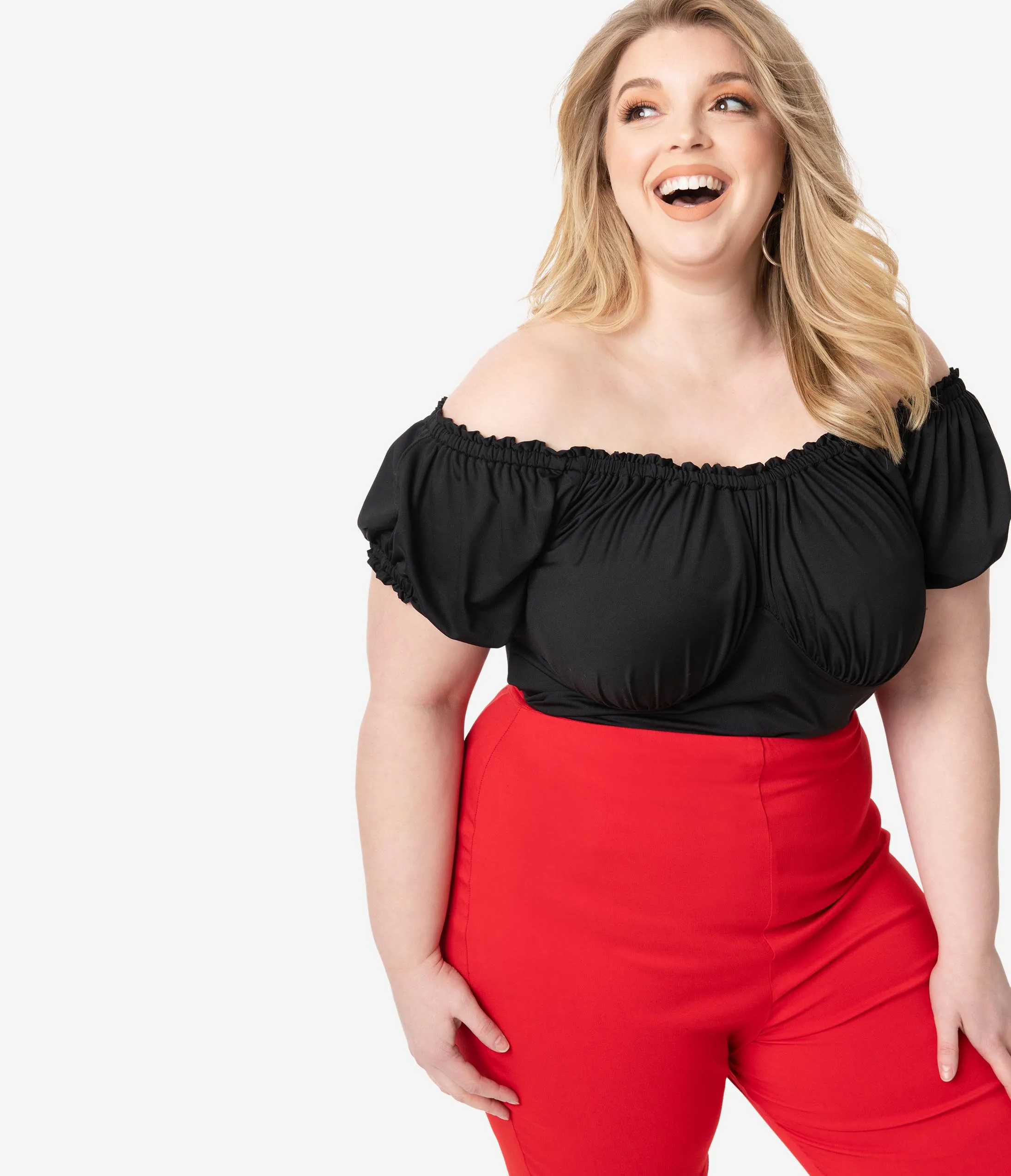 Unique Vintage Plus Size Retro Black Bernadette Fitted Peasant Top