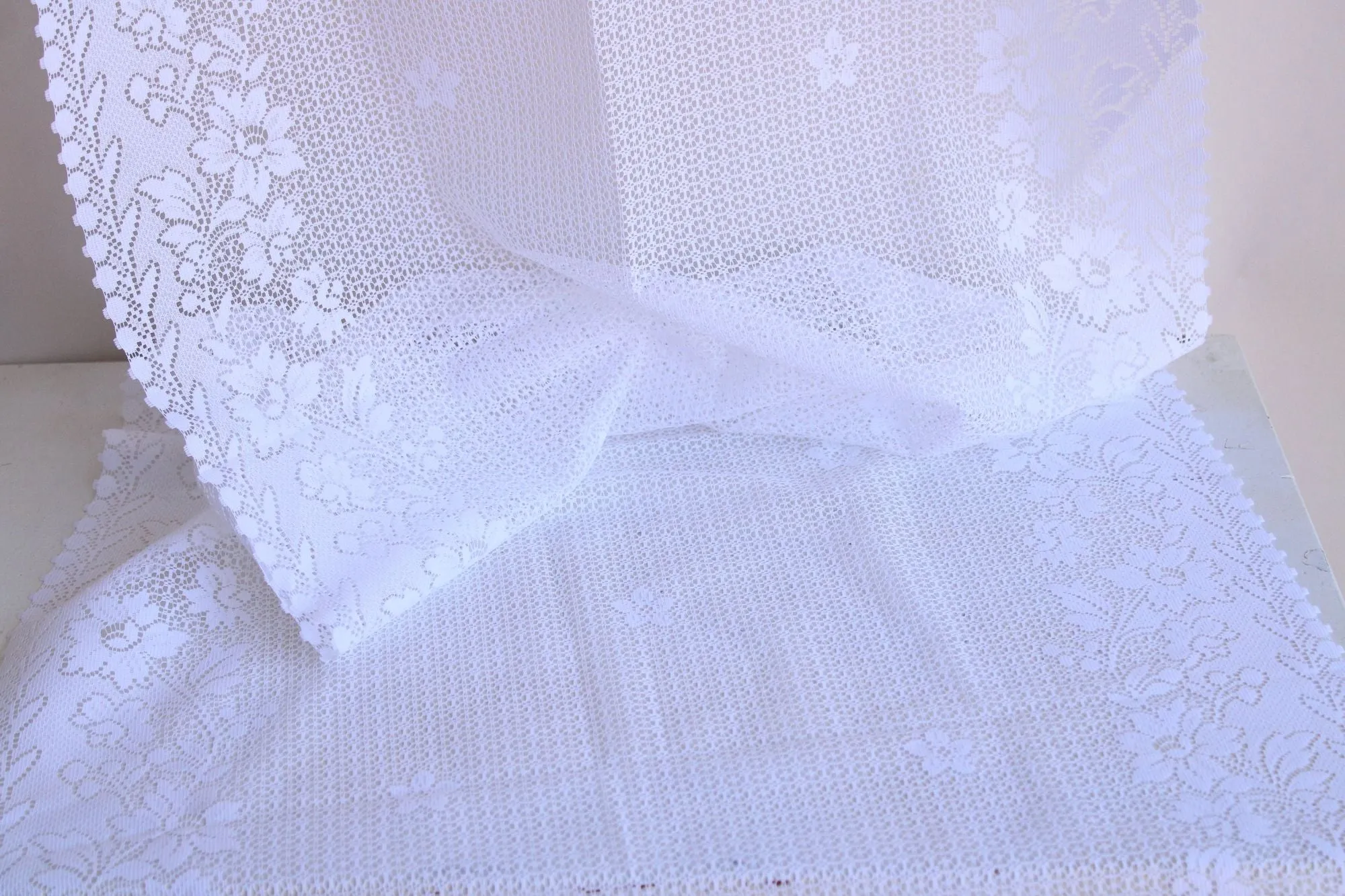 Vintage 1980s 1990s White Lace Fabric,  24" Wide 88" Long Piece, Floral Pattern