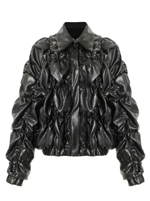 Wenkouban-Winter outfits Christmas Black Friday Covered Button Short Black PU Leather Puffer Jacket