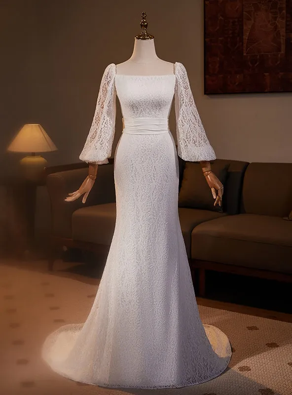 White Mermaid Lace Puff Sleeve Wedding Dress