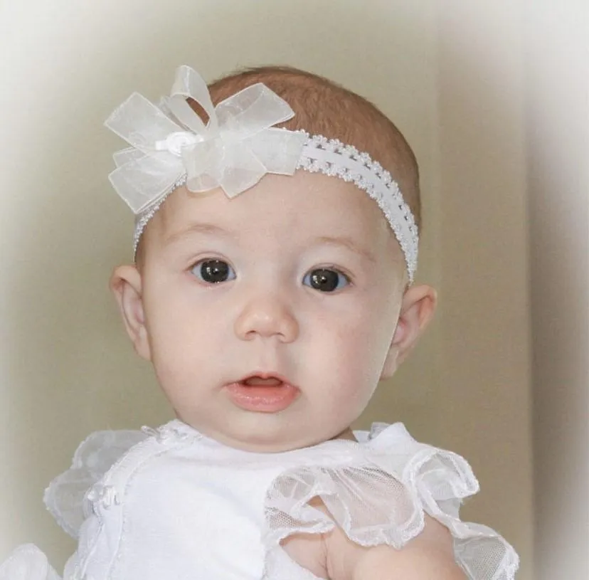 White Organza Rosette Bow Lace Headband