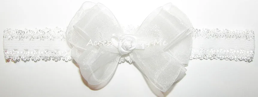 White Organza Rosette Bow Lace Headband