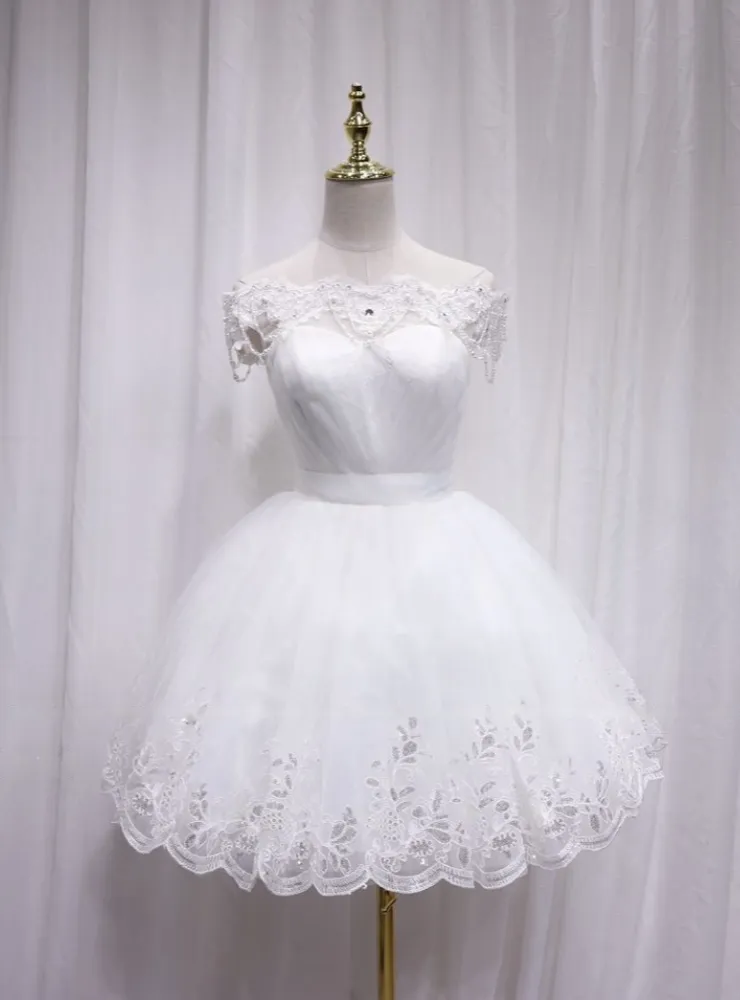 White Tulle Lace Off the Shoulder Beading Homecoming Dress