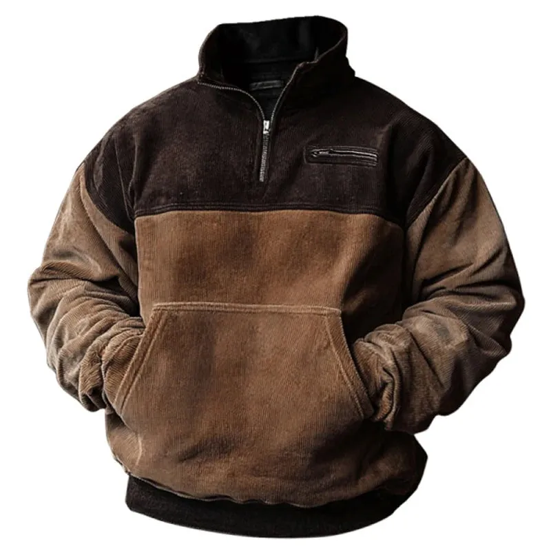 Wiaofellas  -  Fashion Zip-up Oversize Pullover Male Stitching Stand Collar Corduroy Sweatshirt Motorcycle Men Long Sleeve Retro Hoodies