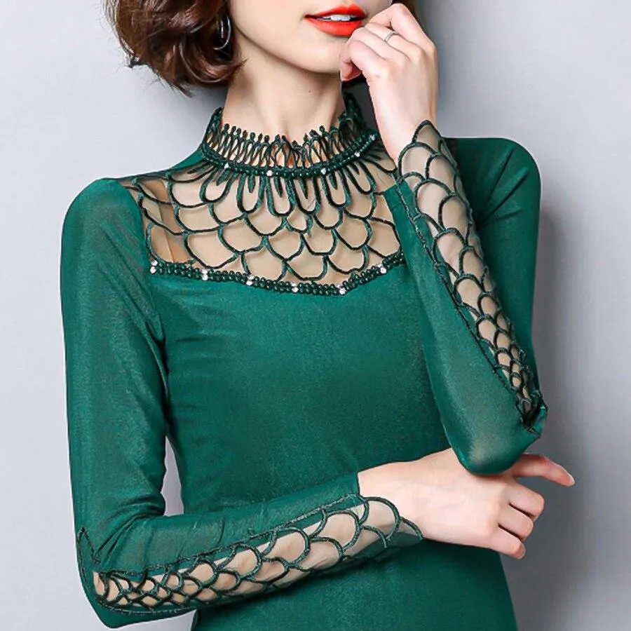 Women Elegant Slim Fit Hollow Cut out long sleeve Lace Mesh tops