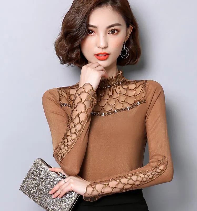 Women Elegant Slim Fit Hollow Cut out long sleeve Lace Mesh tops